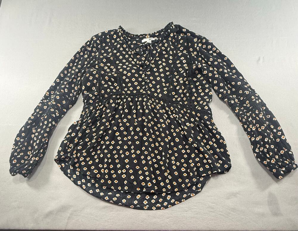 Amuse Society XS Black Daisy Floral Boho Peasant Blouse Long Sleeve Tie Neck